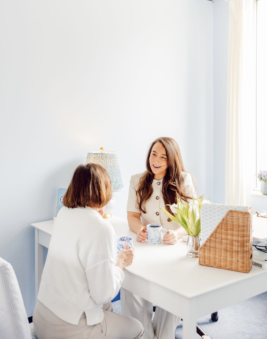 Dr. Megan Baldassarre speaking with a client in her River Forest office