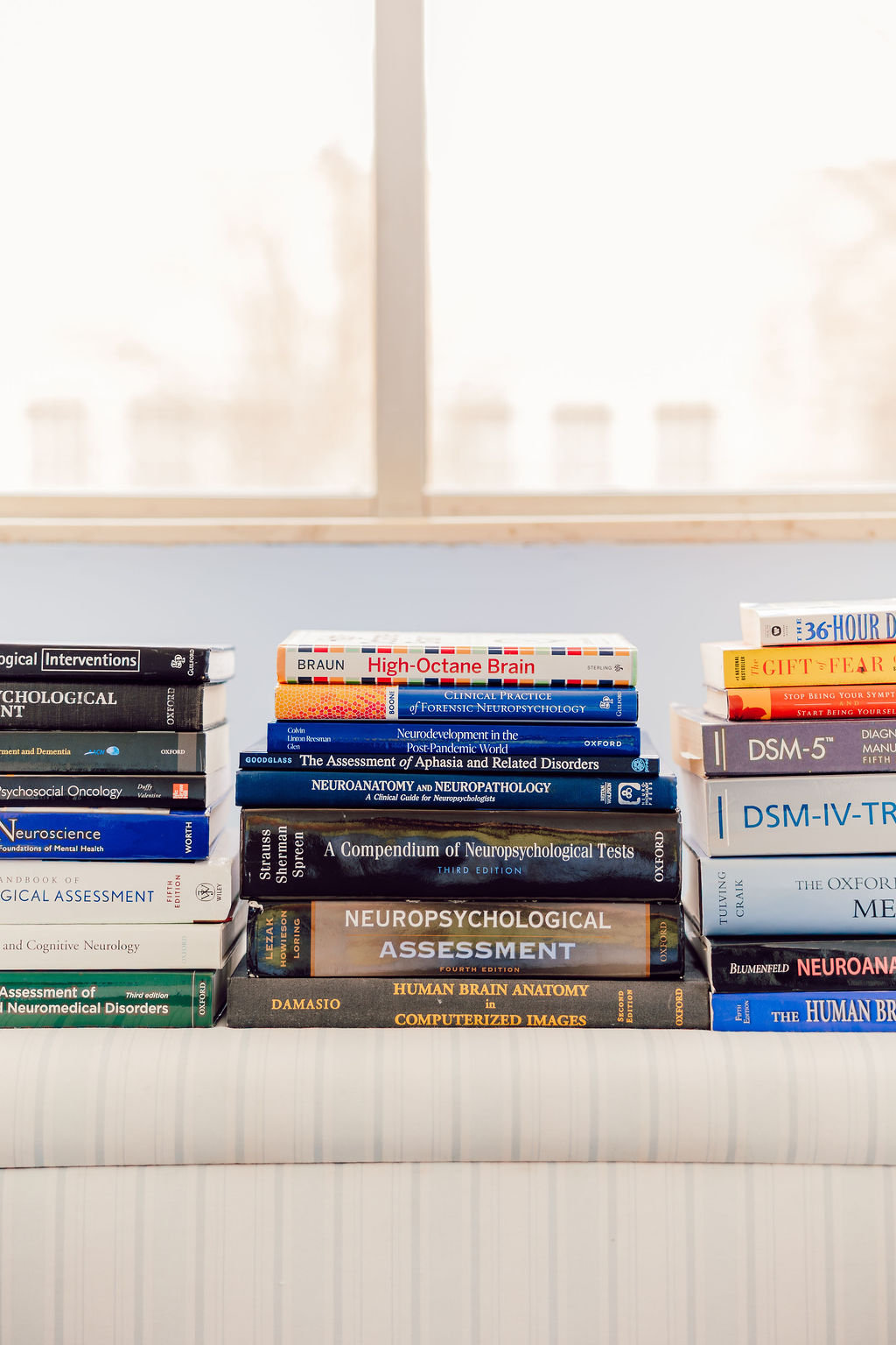 Stack of neuropsychology books on an office shelf
